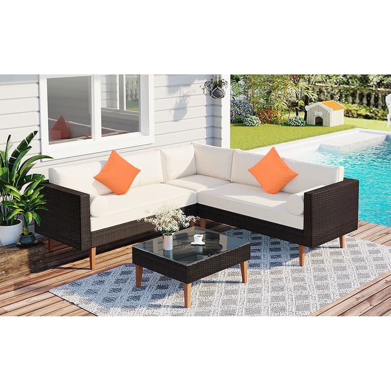 4 Pieces Outdoor Wicker Reversible Patio Sofa with Cushions,Table and Colorful Pillows - 81" x 81" - Brown with Beige