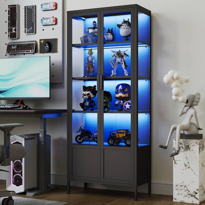 5-Tier Tempered Glass Curio Display Cabinet with Adjustable Shelves and 13 Color Lights - 66.9"H x 27.6"W x 13.8"D