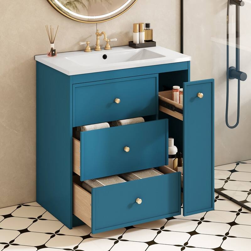 30'' Bathroom Vanity with Ceramic Sink Combo, Free Standing Single Vanity Set with Four Drawers, Modern Bathroom Storage Cabinet