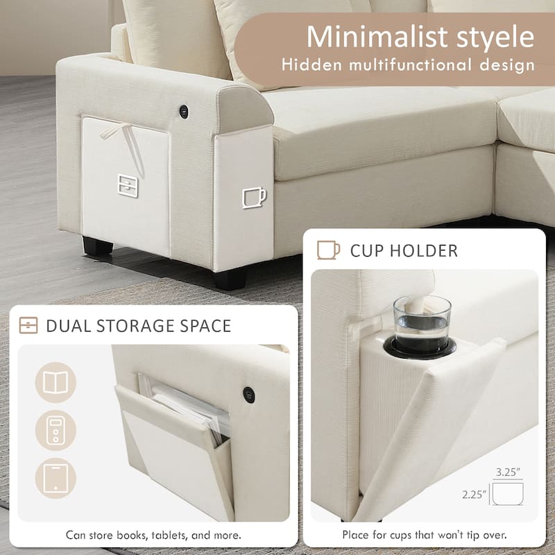 Chenille Sectional Sofa with Hidden Armrest Storage, Cup Holders, USB Charging Ports and Oversized Ottoman Chaise Lounge