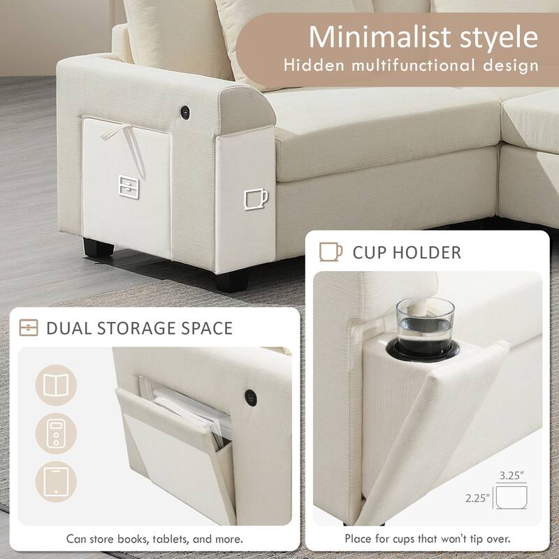 U Shaped Sectional Sofa with Ottoman, Chenille 6 Seater Sofa with Hidden Armrest Storage, Cup Holders & USB Charging Ports