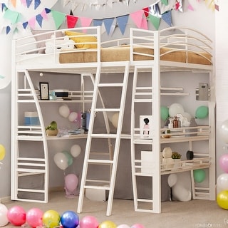Full Size Loft Bed With Shelves,Desk,Sockets,USB Ports,Wireless Charging