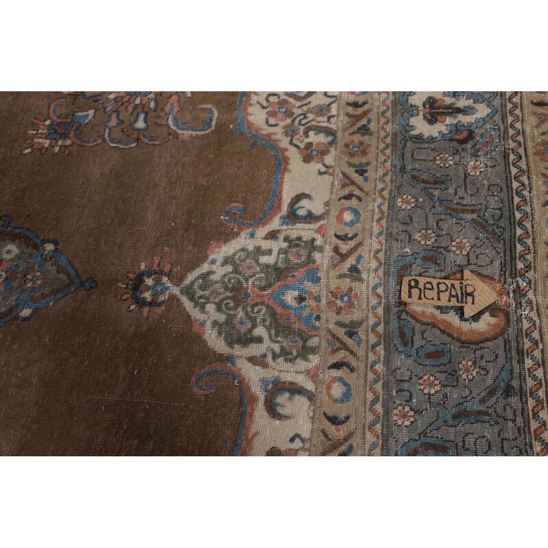 Brown Over Dyed Tabriz Persian Vintage Rug Handmade Wool Carpet - 9'3"x 12'7"