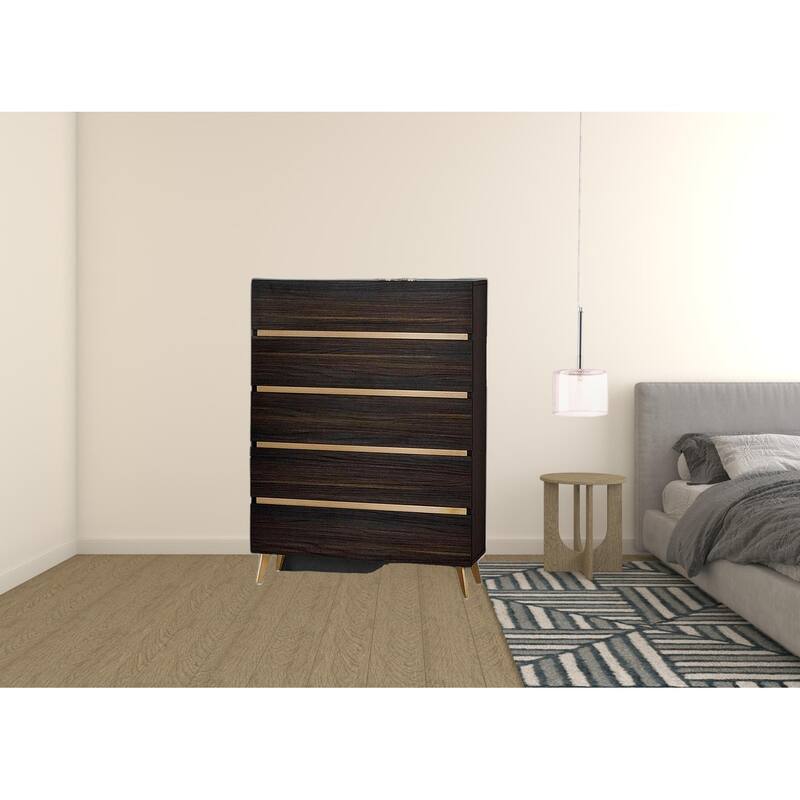 HomeRoots 33" Drk Brown White Marble Manufactured Wood + Solid Wood Stainless Steel Five Drawer Standard Chest
