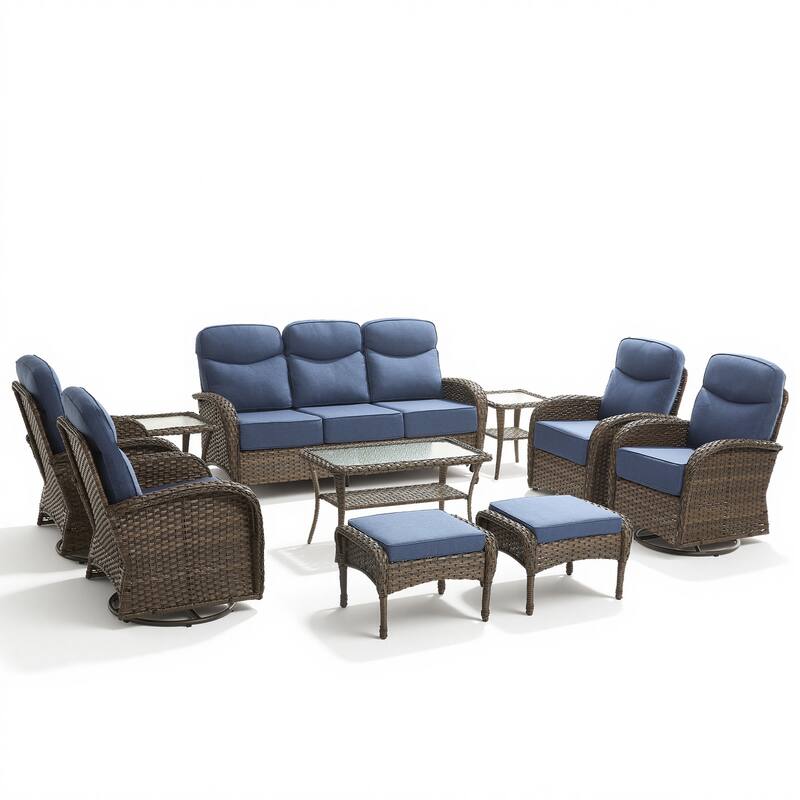 Pocassy Outdoor 10-Piece Sofa Swivel Chair Ottoman with Table