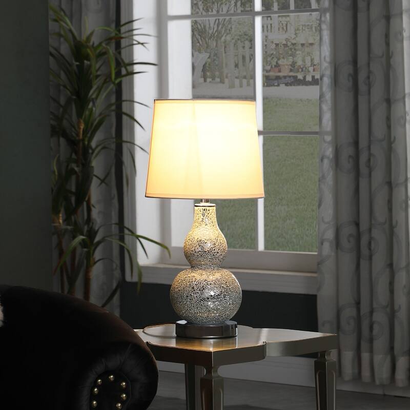 Silver Resin Gourd Table Lamp with White Globe Shade and Cord - 9.75” x 9.75” x 19.5” (D x W x H)