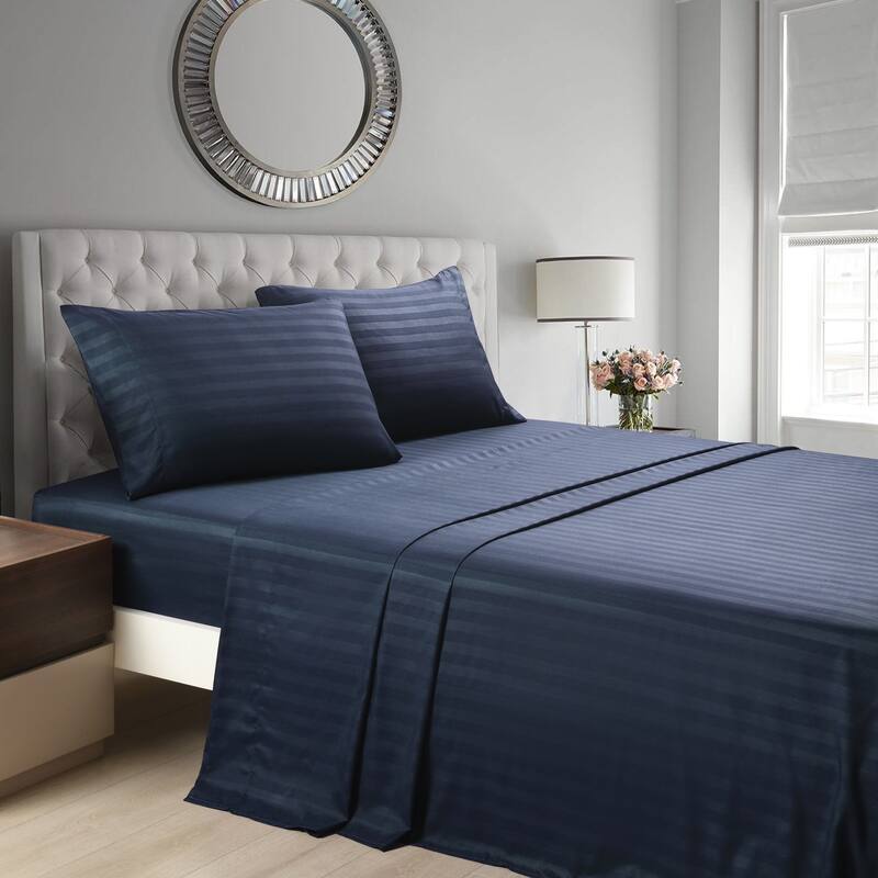 3/4 Pcs Luxury Stripe Bed Sheets Set - Navy - Twin