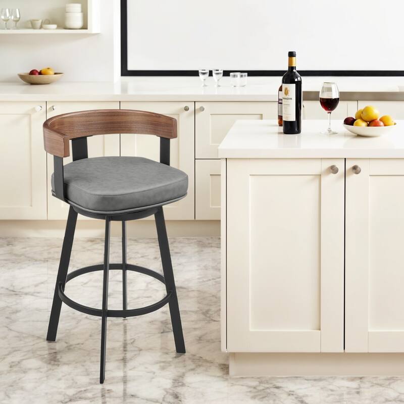 HomeRoots 30" Gray Brown and Black Faux Leather and Iron Low Back Bar Height Swivel Bar Chair - Bar Height - Single - Gray