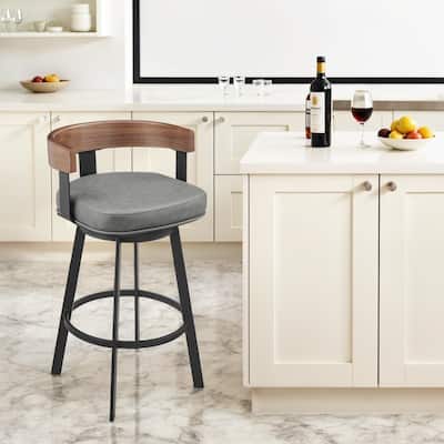 HomeRoots 30" Gray Brown and Black Faux Leather and Iron Low Back Bar Height Swivel Bar Chair