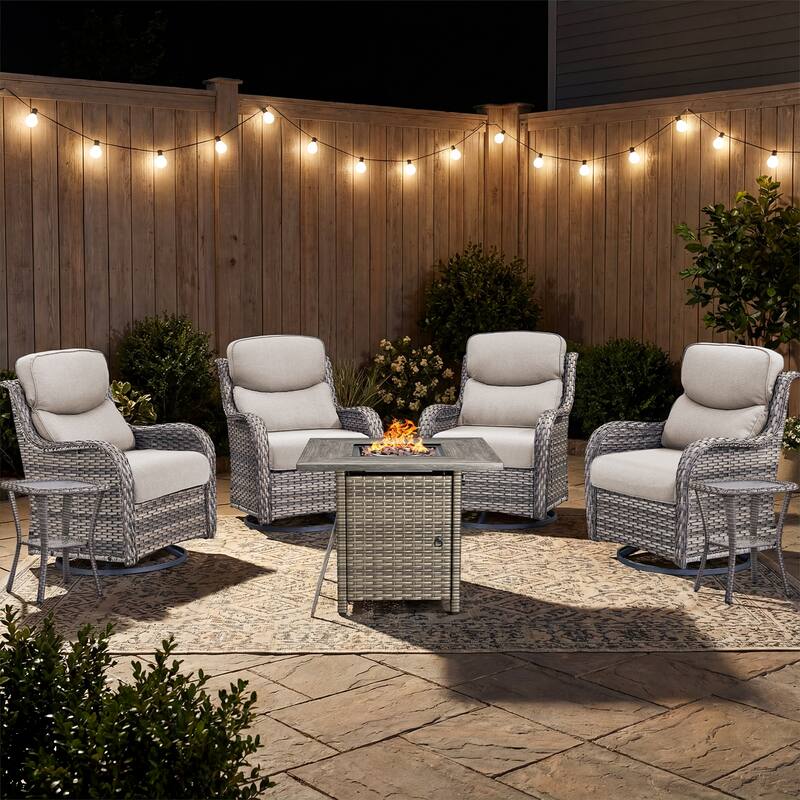 Pocassy Outdoor Propane Fire Pit Table with Sofa Swivel Chair Funiture Set. - Gray Wicker Beige Cushion - 7-Piece Swivel Chair Table w/ Fie Pit Table