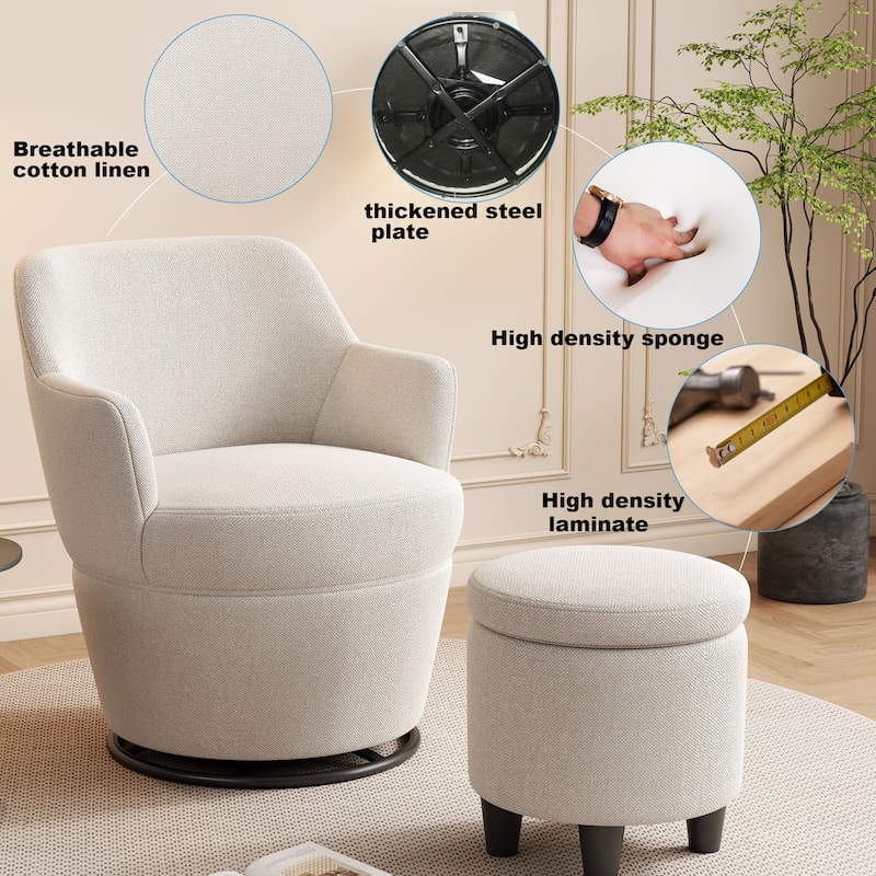 Swivel Accent Chair with Storage Ottoman, Modern Lounge Sofa Chair Barrel Chair Arm Chair with Nail Trim