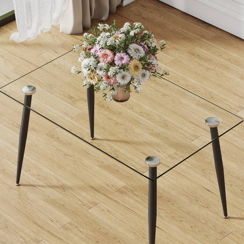 Modern Rectangular Glass Dining Table, Suitable For 4-6 People, Equipped With Tempered Glass Tabletop And Metal Legs