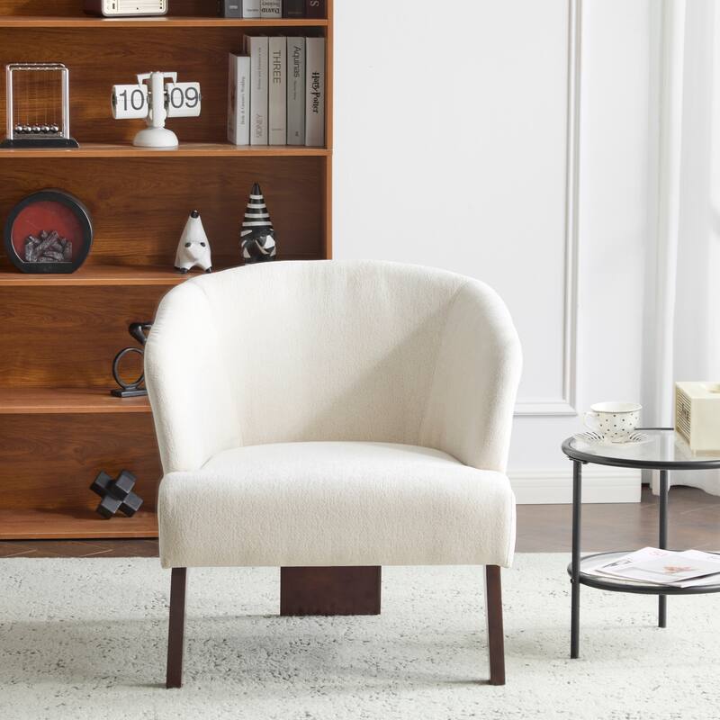 Modern Accent Chair with Round Back & Wooden Legs - Mid-Century Inspired Lounge Chair - Soft Fabric Upholstery