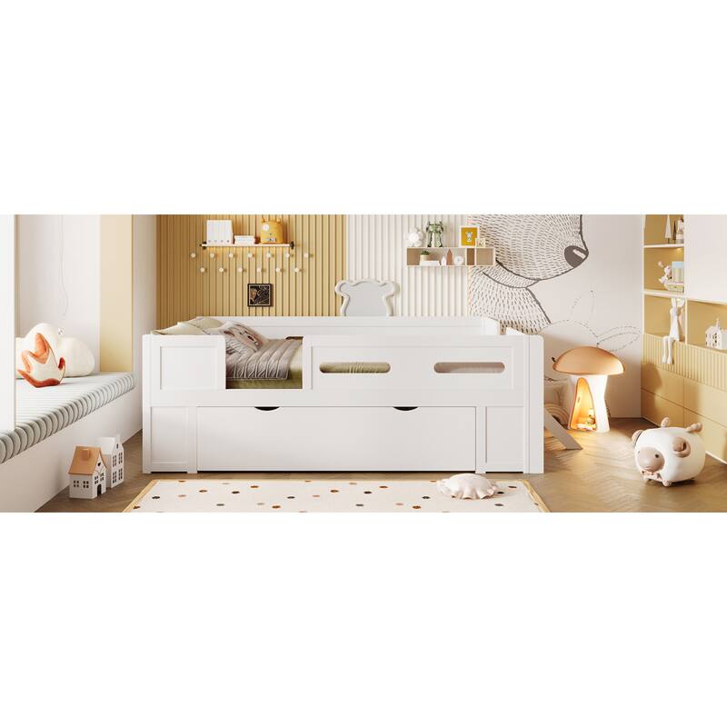 Roomfitters Full/Twin Size Wood Platform Bed with Underbed Storage Drawer and Safety Guardrails, Modern Low Loft Frame