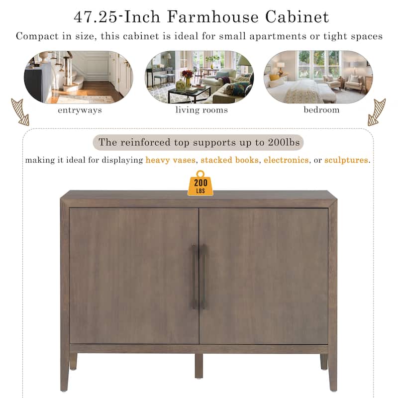 47.25"Sideboard with Pine Veneer and 2 Doors, Retro Buffet with Adjustable Feet, Wooden Storage Cabinet with Metal Handles