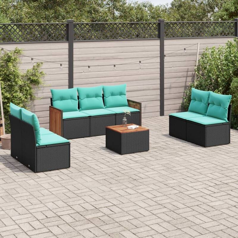 vidaXL 7 Piece Patio Sofa Set with Cushions Black Poly Rattan - 21.7x27.2x24.4-With table