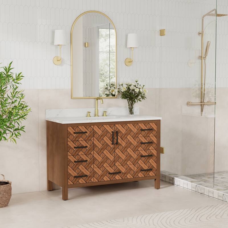 48" Freestanding Bathroom Vanity with Engineered Stone Top, Ceramic Sink, Built-In Power Outlet, and Hair Dryer Storage