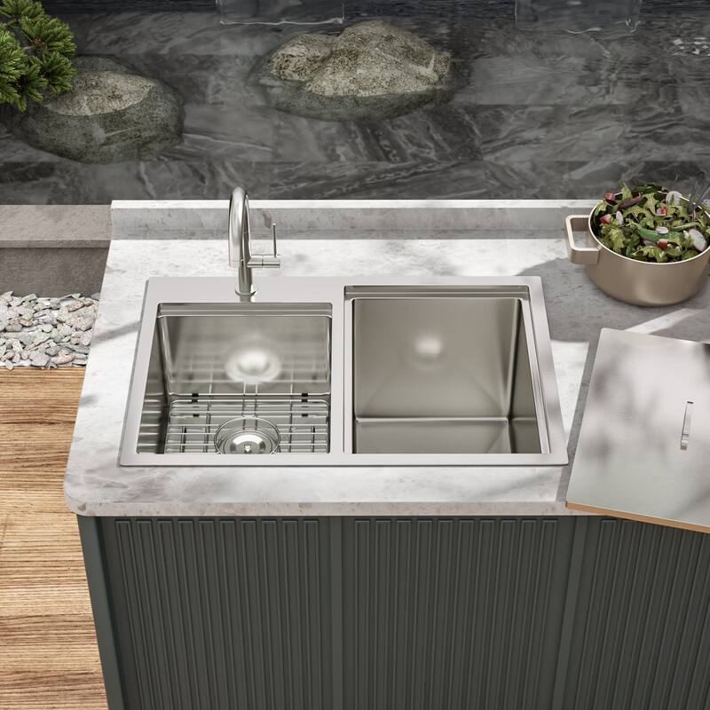 Double Bowl Drop-In Stainless Steel Sink with Workstation - Brushed Nickel