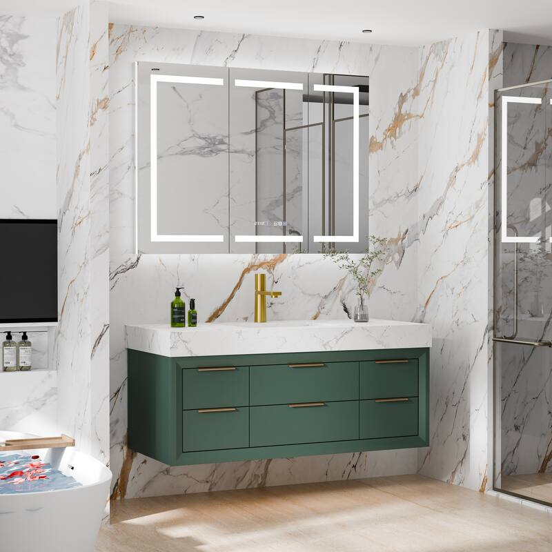 36/48/60 Modern LED Floating Bathroom Vanity with Single/Double Sink & Soft-Close Drawers & Waterproof, Green