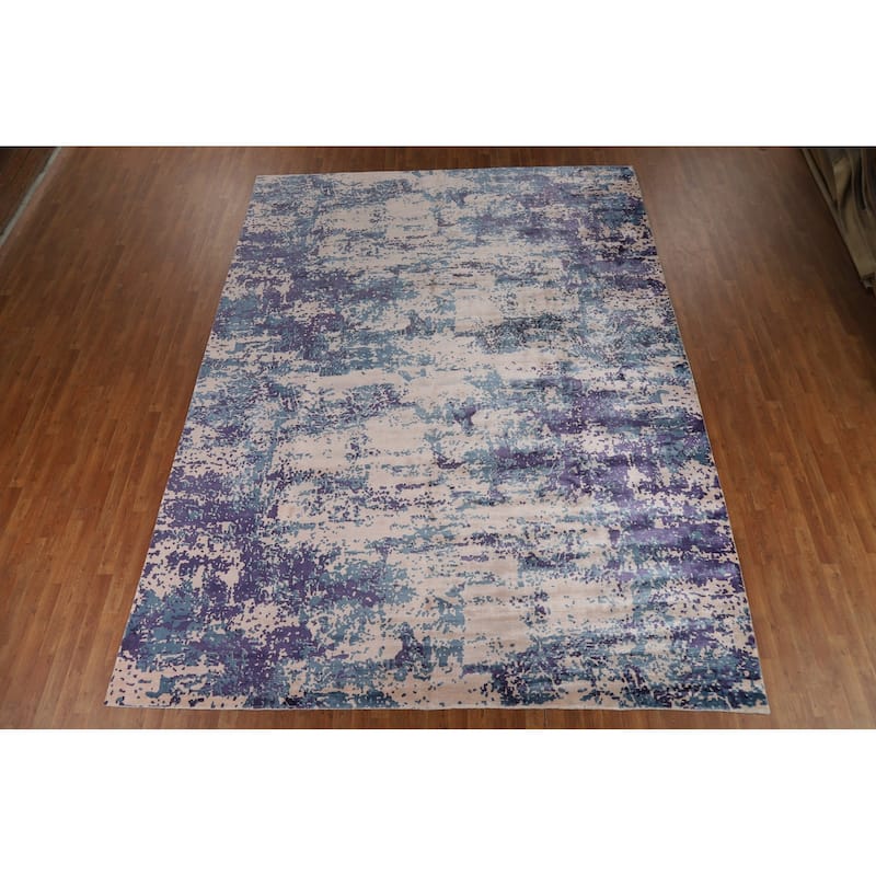 Contemporary Abstract Indian Rug Hand-Knotted Dining Room Wool Carpet - 9'8"x 12'9"