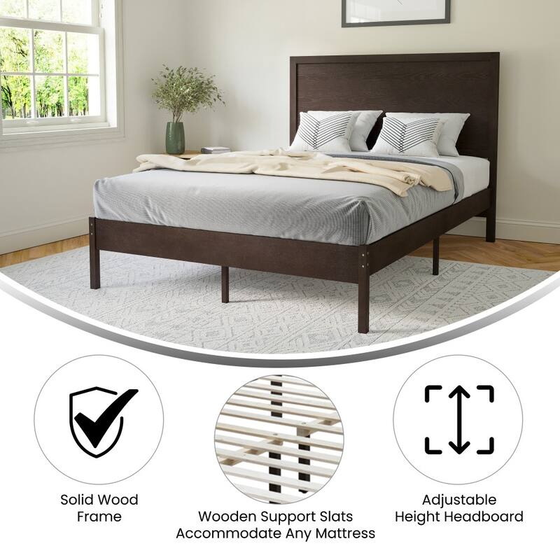Solid Wood Platform Bed with Headboard and Wooden Slats