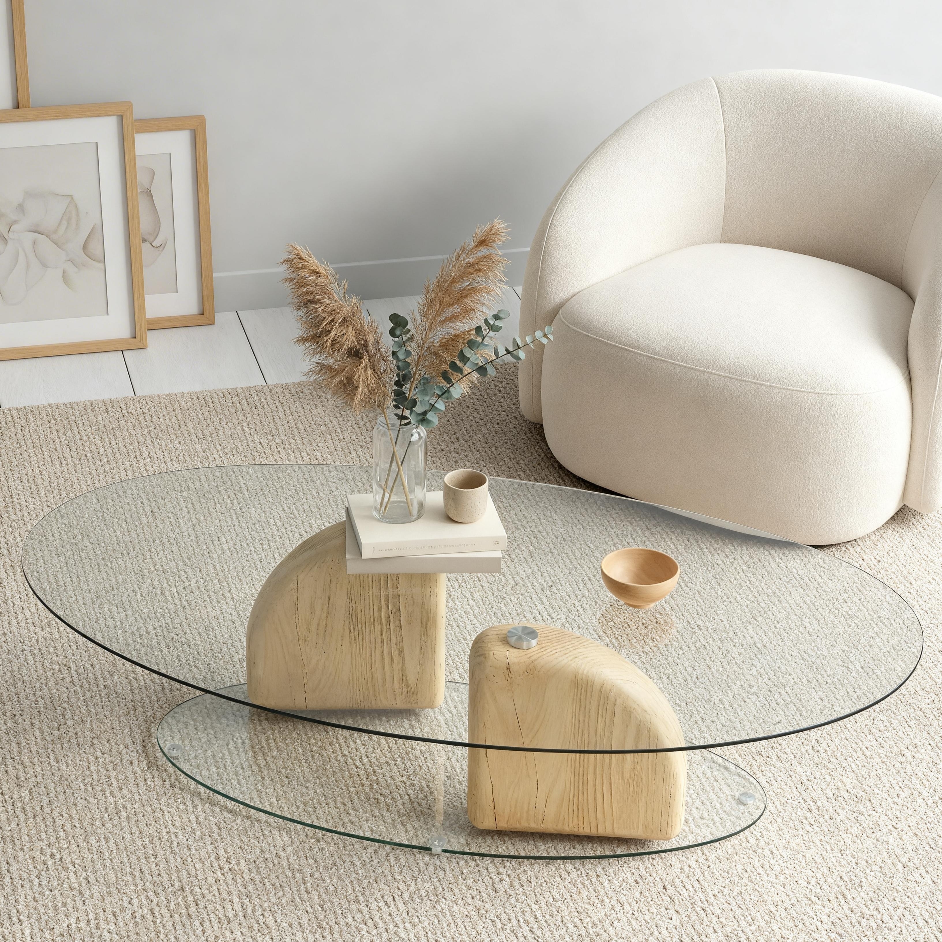 Christopher Knight Home - Modern 36" Triangle Tempered Glass Coffee Table with Sculptural MGO Wood Grain Finish Base