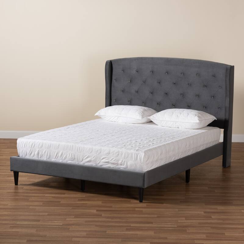 Joanna Modern and Contemporary Velvet Fabric Upholstered and Dark Brown Finished Wood Platform Bed