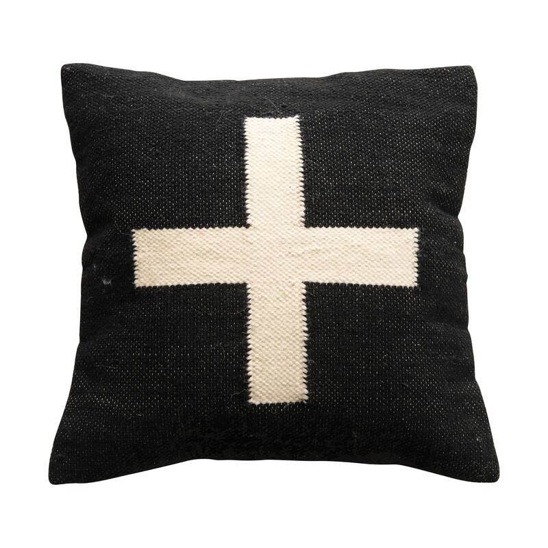 Wool Blend Pillow with Swiss Cross - Black