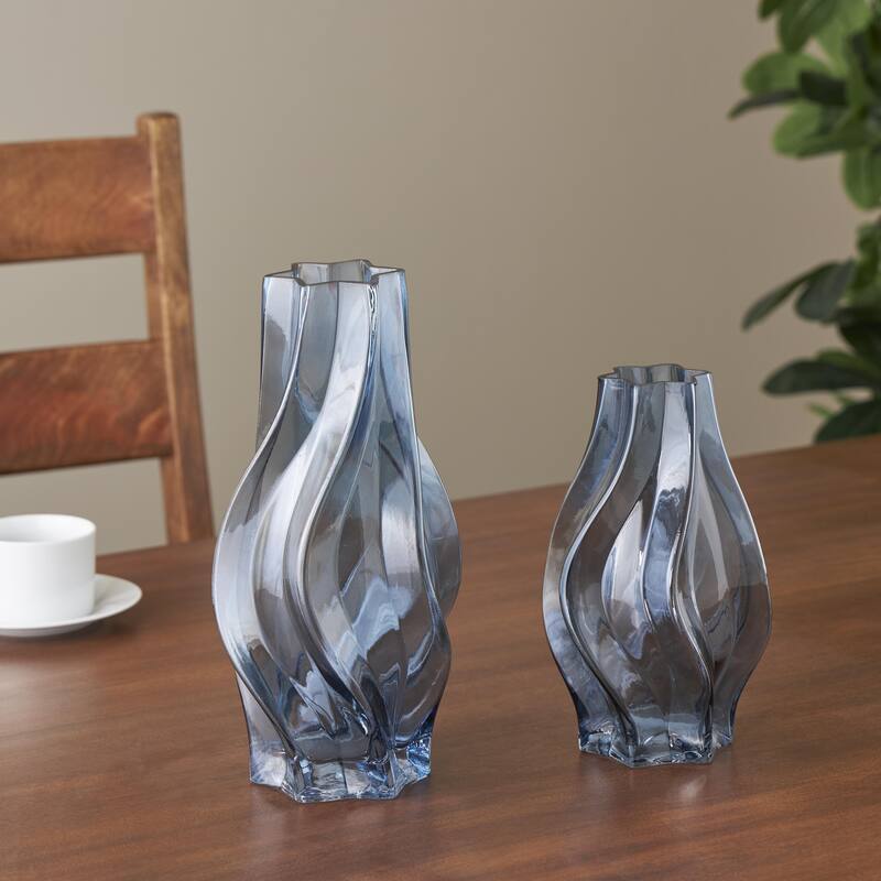 Glass Wavy Ombre Decorative Vase - Set of 2 Blue or Yellow - Roche River Decor
