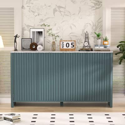 VEIKOUS Dining Buffet Cabinet with Handleless Fluted Door, Adjustable Shelves & Water-Resistant White Marble Top