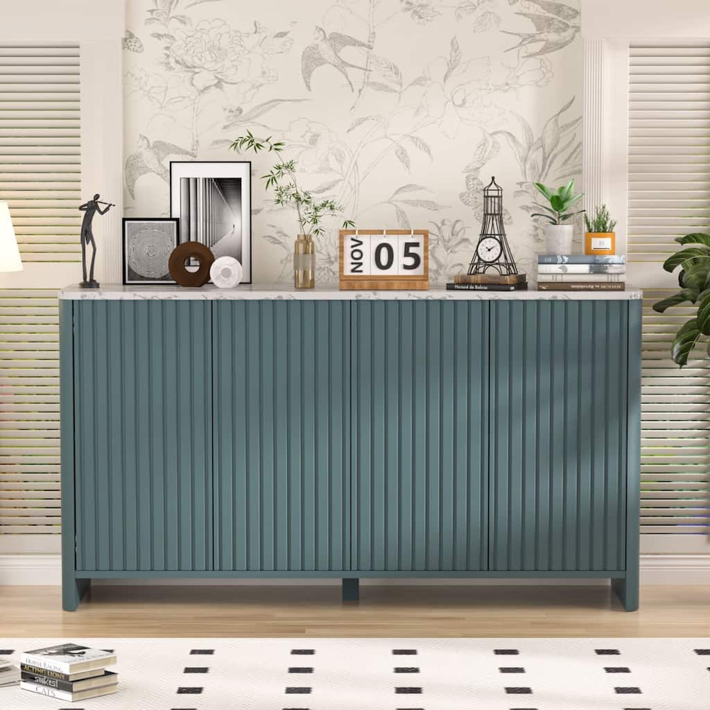 VEIKOUS Dining Buffet Cabinet with Handleless Fluted Door, Adjustable Shelves & Water-Resistant White Marble Top