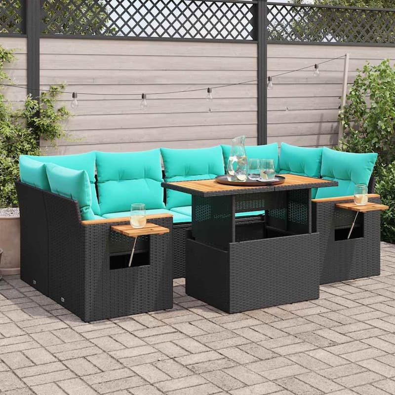 vidaXL Patio Sofa Set with Cushions Outdoor Furniture 7 Piece Poly Rattan - Black - 21.7 x 24.4 x 27.2