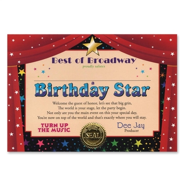Pack of 6 ''Birthday Star'' Certificates 5'' x 7'' - N/A