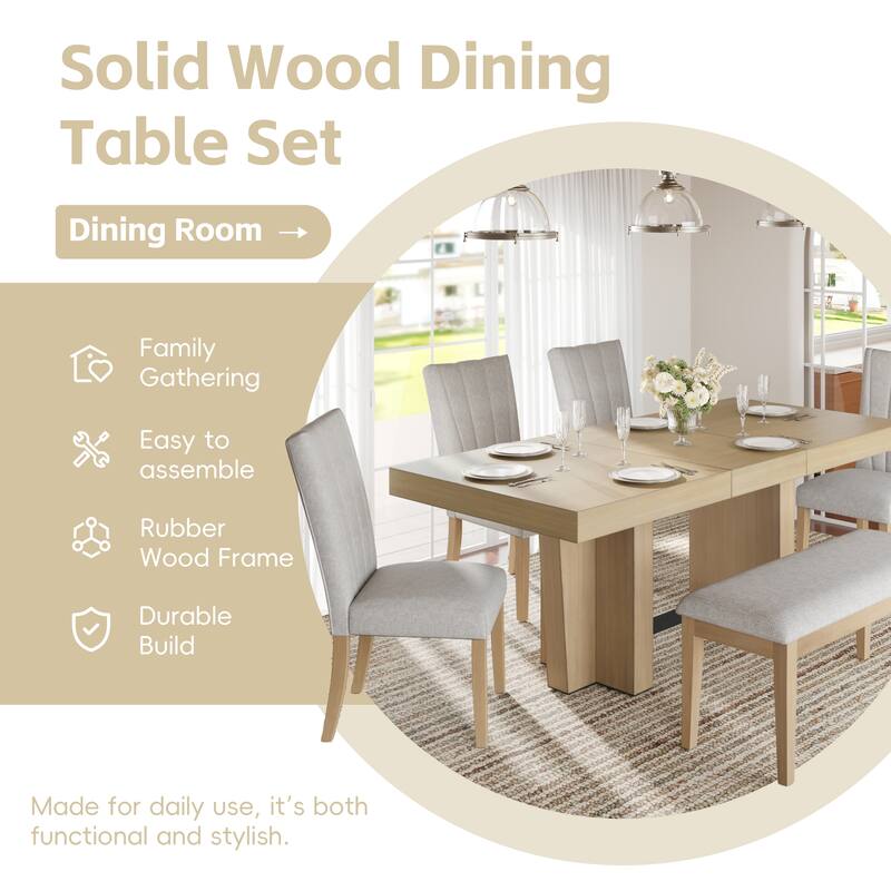 6-Piece Extendable Dining Set with Removable Leaf, Wood Kitchen Table Set with Bench and 4 Upholstered Chairs