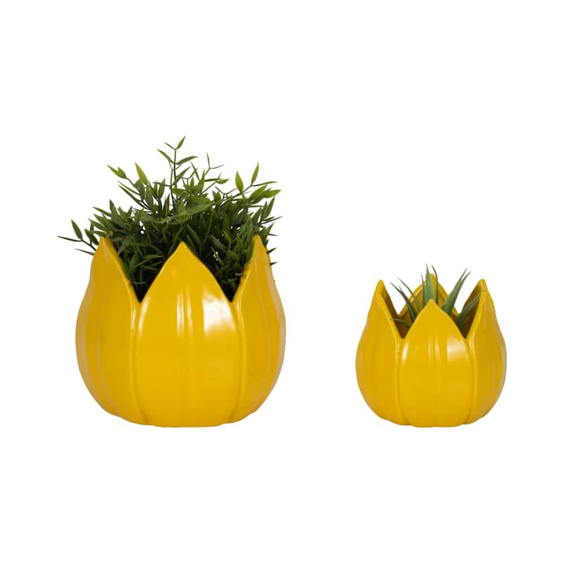 Stoneware Ceramic Planters Petal Design and Drainage Hole (Set of 2)