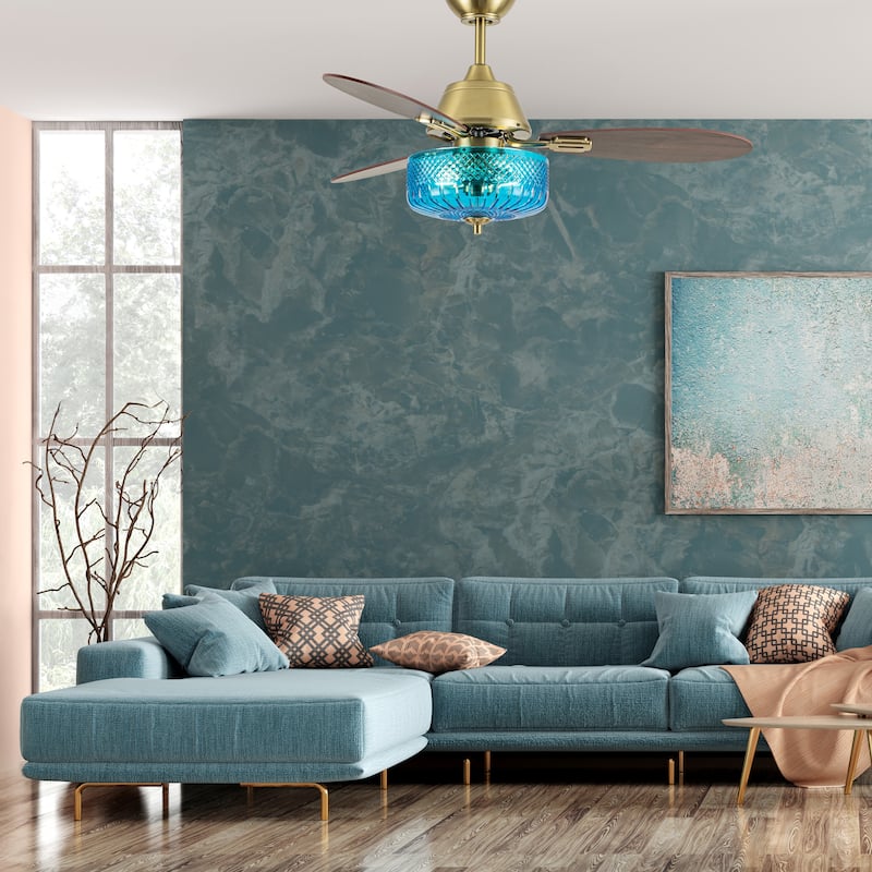 Maeve River of Goods 3-blade 42-inch Glam Indoor Ceiling Fan with Blue Hand-Cut Glass Shade and Remote Control
