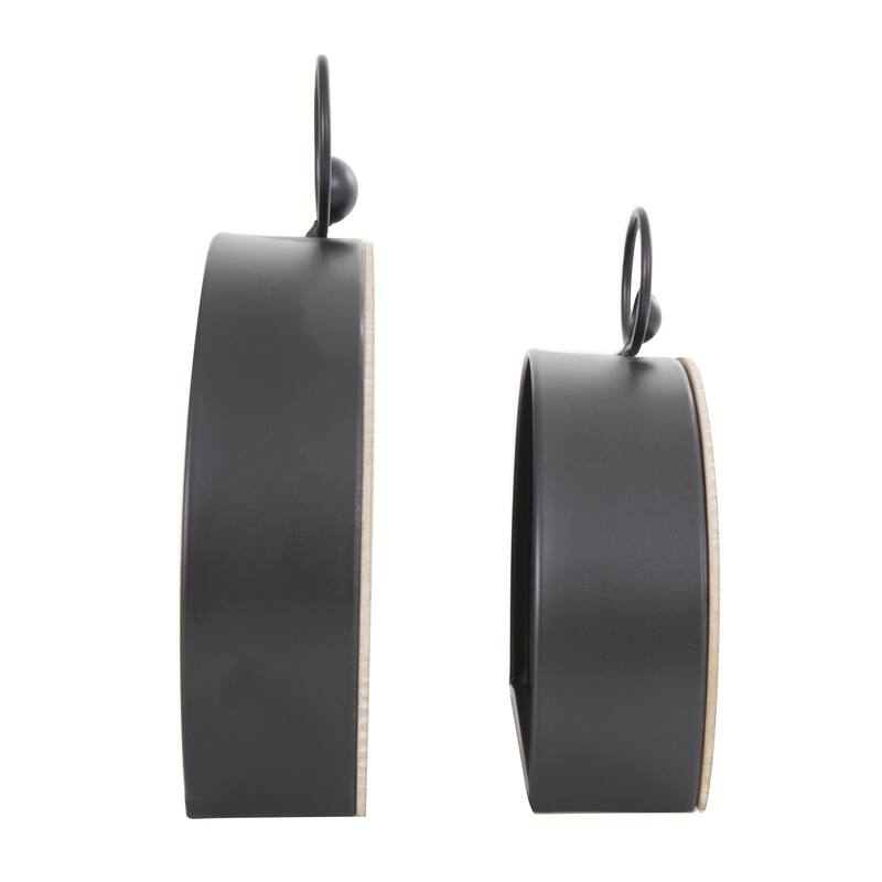 Wooden Semicircle Clock with Brown Wooden Frame and Ring Handle - Set of 2 Black - Roche River Decor