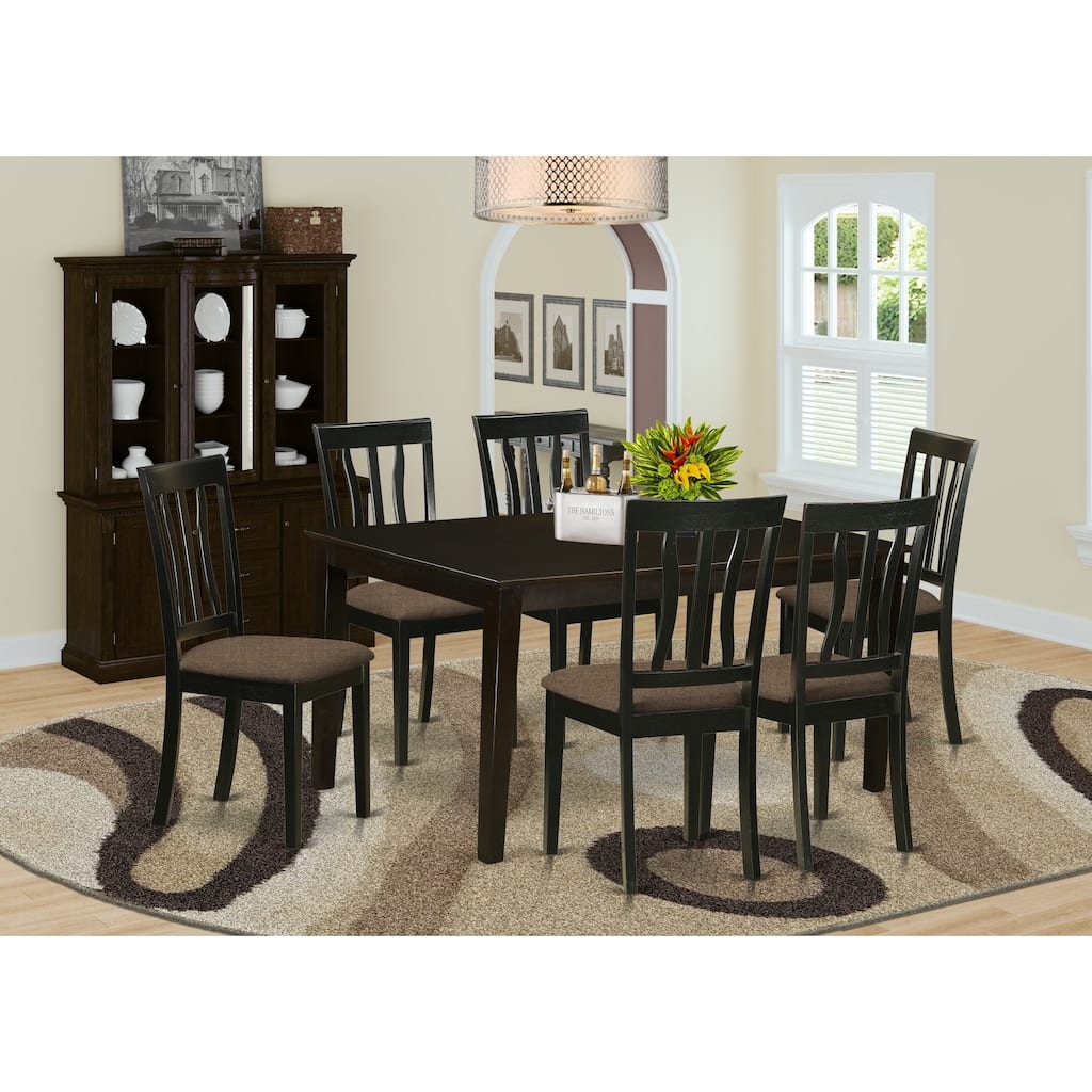 Dining Room Table Set 7 Piece - Rectangle Kitchen Table & 6 Linen Chairs - Cappuccino Finish