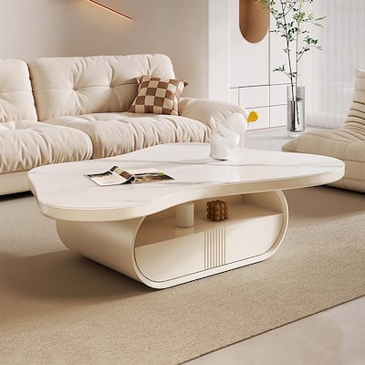 51" White Coffee Table, Cloud Shaped, with Drawers, Sintered Stone Top - 51" X 35"