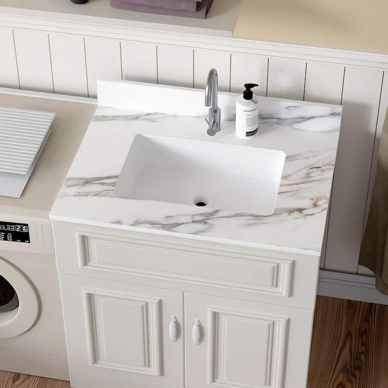31 Inch Bathroom Marble Vanity Top,with Undermount Middle Sink and 4" Height Backsplash,Pre-Drilled Faucet Hole Vanity Top