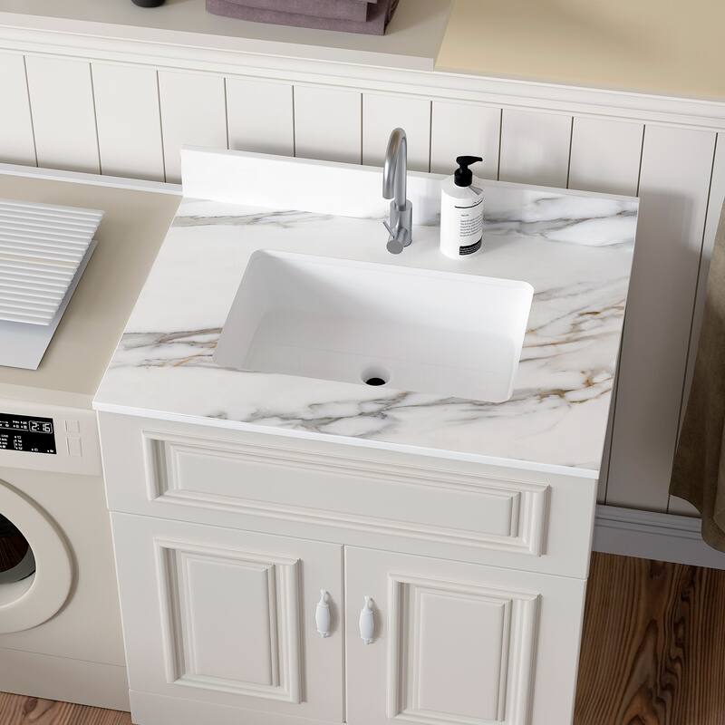 31 Inch Marble Vanity Top, Bathroom Vanity Top with Undermount Rectangular Middle Sink and 4" Height Backsplash