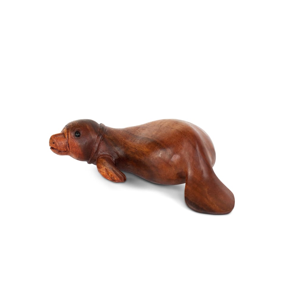 Hand Carved Sea Lion Figurine, Wood Sculpture Coastal Decor, Sitting Seal Statue