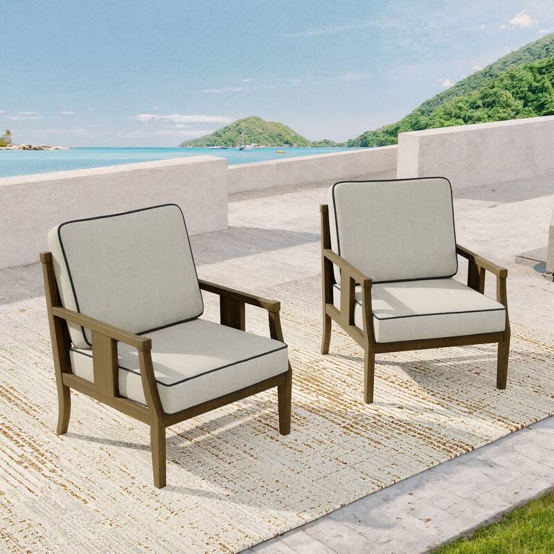 2 Set Brown Wood Outdoor Accent Club Chairs with Water-Resistant Cushions
