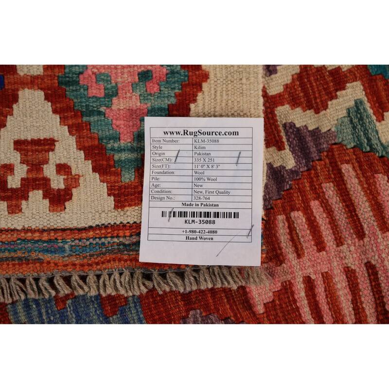 Geometric Kilim Reversible Area Rug Hand-Woven Orange Wool Carpet - 8'3"x 11'0"