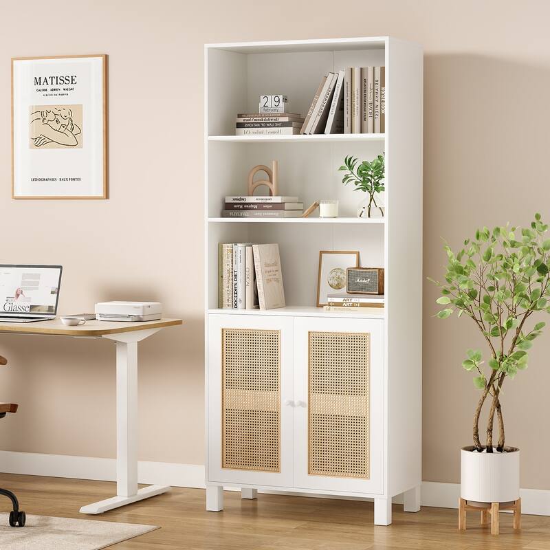 Tall Bookcase with Rattan Doors,5 Tier Storage Wood Shelves Large Bookshelf for Library Living Room Bedroom Home Office