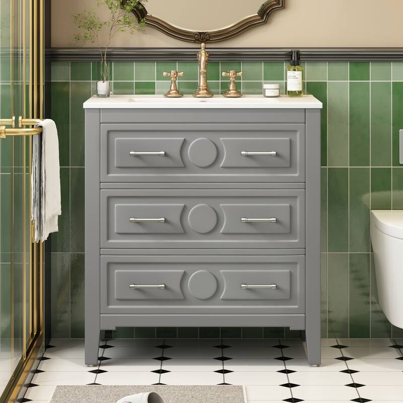 30" Bathroom Vanity with Ceramic Sink Combo, Free Standing Single Vanity Set with 3 Drawers