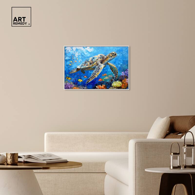 Art Remedy Turtle Swimming Framed Colorful Coastal 1 Piece Canvas Wall Art