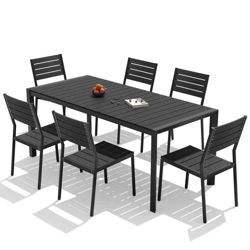 7-Piece Outdoor Patio Dining Set Wood Like Table Top Aluminum Rectangular Umbrella Hole Table with Stackable Chairs