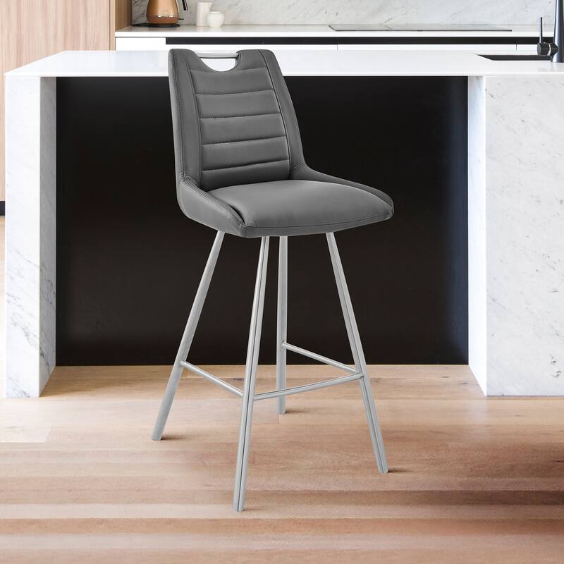 Modern 30 Inch Bar Height Stool in Grey Faux Leather with Steel Frame and Footrest for Kitchen - 42"H x 21"W x 19"D