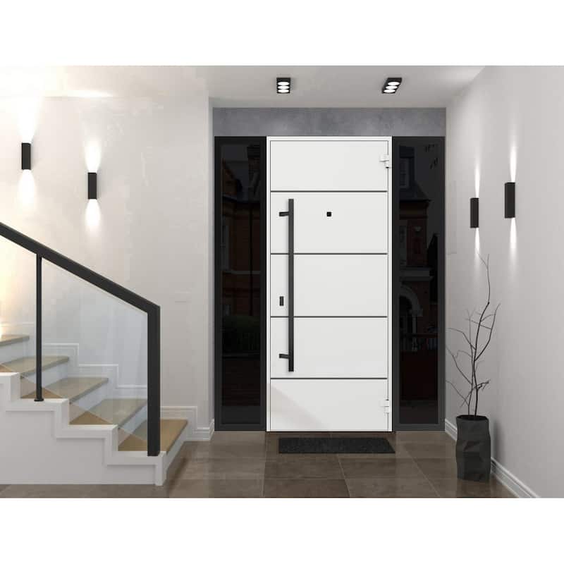 Exterior Prehung Steel Entry Door 0131 Black Enamel 2 Sidelites Top Window Stainless Steel Inserts W16+36+16xH80+16